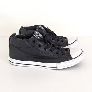 Converse All Star Black and White Leather Mid Top Lace-Up Sneakers Boys Girls 5